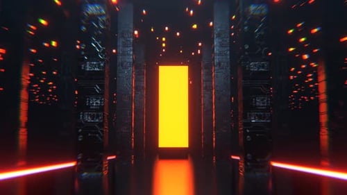 Rote und orangefarbene Neon-Sci-Fi-Halle mit hohen Säulen und Portalhintergrund Vj Loop I 4K