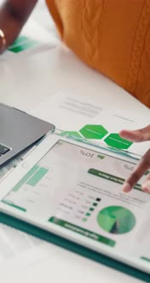 Tablet screen, data analysis and hands of business woman in office for budget chart