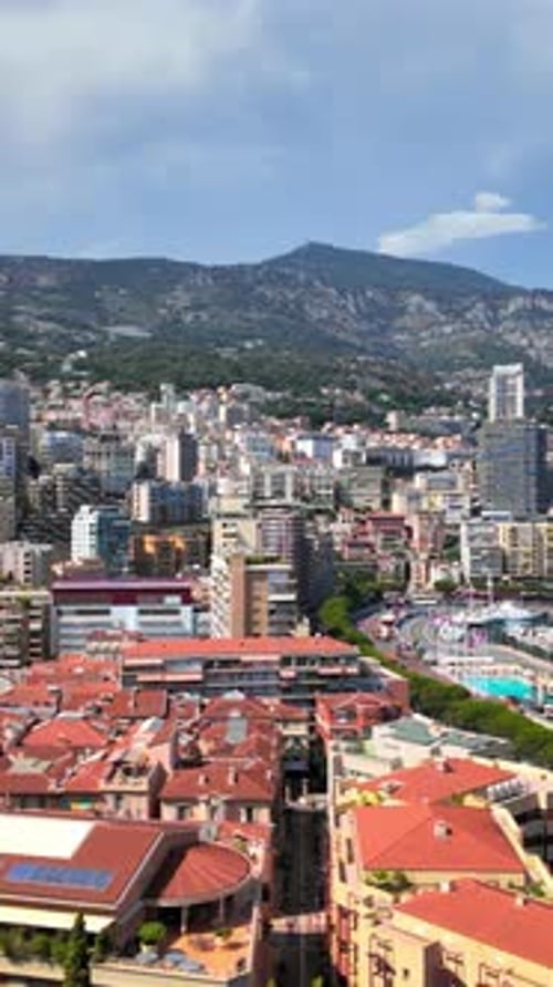 Aerial view of white boats docked in the Monaco Marina with the skyline on the background. Vertical