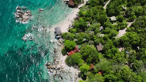 Aerial View of Rocky Coastline and Turquoise Water Koh Tao Thailand