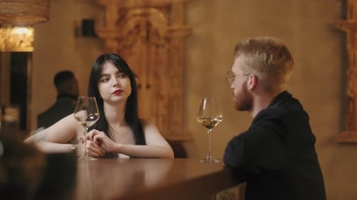 Talk in Bar at Night Pretty Lady and Man Chatting and Drinking Wine Resting in Restaurant