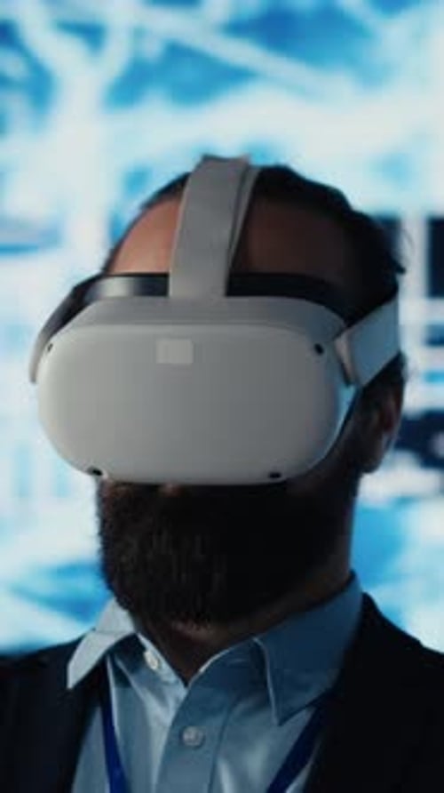 Vertical Video IT Engineer Works with Vr Headset and Artificial Intelligence Brain