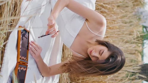 Inspired Woman Drawing Nature Laying at Field Vertically Lady Relaxing Blanket