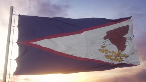 American Samoa Flag Waving in the Wind Sky and Sun Background