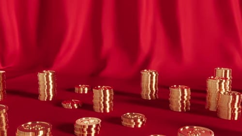Gold Coins Pile on Red Curtain Finance Intro Able to Loop Endless