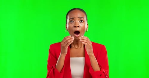 Shock, surprise and news with black woman in studio for announcement, gossip and reaction