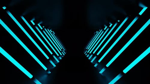 Blaue Neonlinien fließen auf dem Boden nach unten, Tunnelschleifenanimation