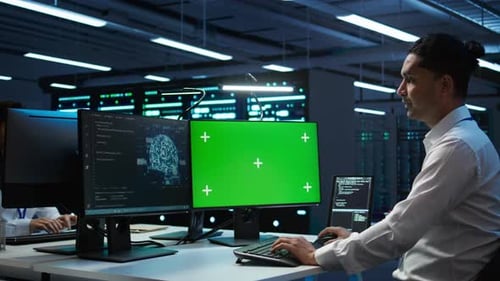 Zoom in of Expert in Data Center Using Artificial Intelligence on Mockup PC