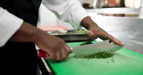 Chef, hands or cut vegetables in restaurant for meal prep, culinary process