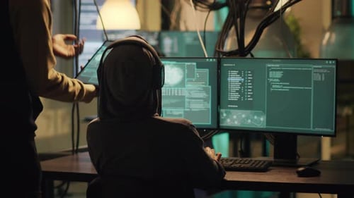 Programmers Coding on Computers in Dark Office