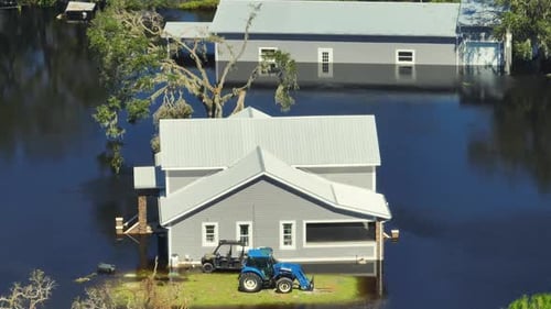 Flooded House By Hurricane Ian Rainfall in Florida Residential Area