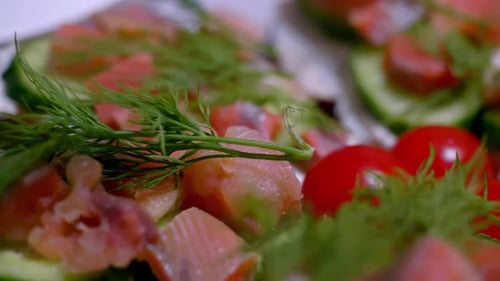Colorful salad with cherry tomatoes cucumbers and herbs on white plate
