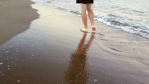 Man Walking on the Beach at Sunset During Summer Vacation Holidays Closeup of Legs and Feet