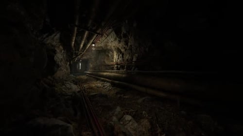 Exploring a Dark Bunker with Pipes and Rocky Walls in Isolation