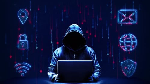 Cyber Security Hacker with Animated Digital Icons and Binary Code