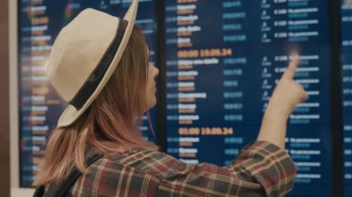 Female Tourist Looking at Flight Schedule at Airport Back View