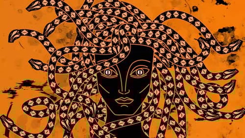 medusa con pelo de serpiente en estilo naranja y negro