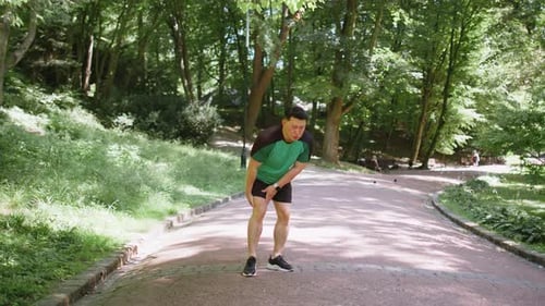Japanese Runner Athlete Man with Muscle Pain in Park Trauma Injury While Jogging Leg Muscle Cramp