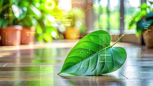 Green Leaf with Technological Overlay in a Bright Room