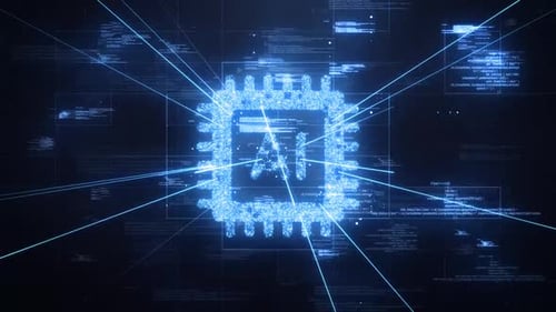 Futuristic AI Chip Reveal with Data Flow and Glitch Effect