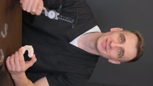 Man Holding Retainer and Caliper in Office Setting