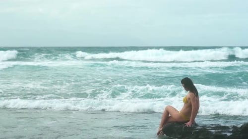 Sexy Woman Relaxing at Tropical Beach During Summer Vacation Young Woman in Bikini Swimsuit Standing