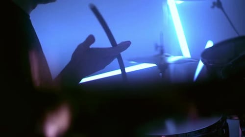 Musician Playing Drums And Cymbals At Studio. Drummer Rotate Drums Stick In Hand. Rock And Roll M...