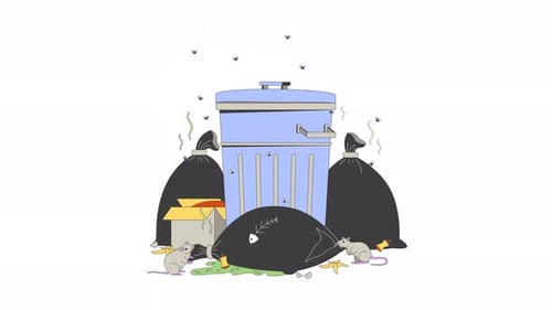 Animated Garbage Can with Rats and Flies Illustrative Loop
