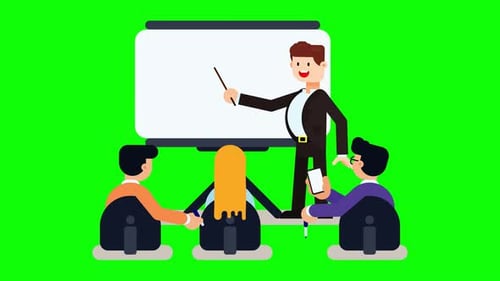 Empresario haciendo una presentación a sus colegas con un palo en una pizarra blanca.