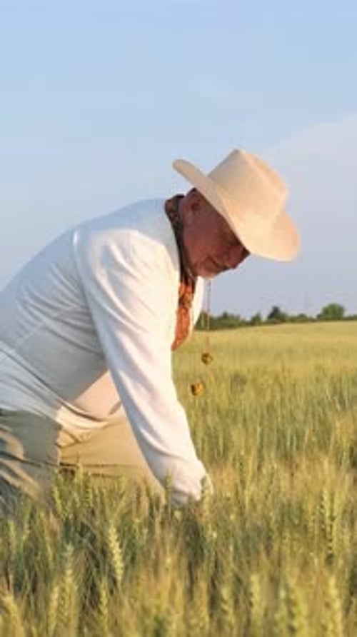 Man in Grassy Field Wearing Cowboy Hat and Holding Wheat