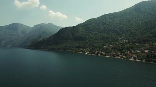 Aerial view of Lake Como shoreline, Italy.