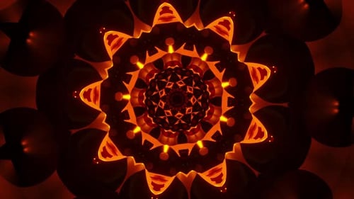 Very colorful orange large object in the middle. Kaleidoscope VJ loop