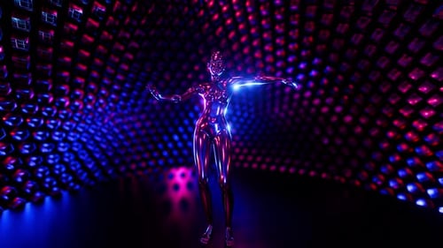 Futuristischer metallischer weiblicher Roboter, der in einem leuchtenden blau-lila neonleuchtenden Raum tanzt