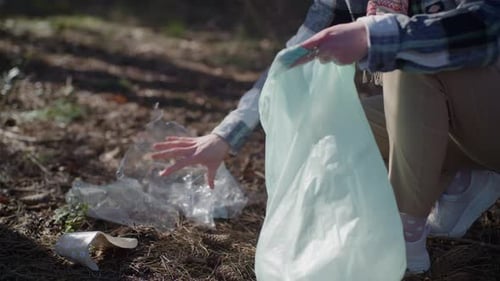 Un voluntario limpiando basura de un bosque