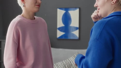 Two Subjects Talking and Gesturing Indoors
