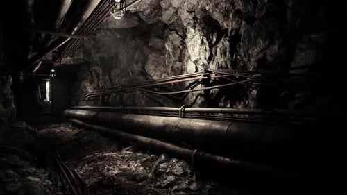 Exploring the Dimly Lit Underground Bunker with Exposed Pipes and Rocky Walls