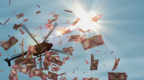 Dinar irakien : 25 000 IQD, billets de banque, hélicoptère, largage d'argent