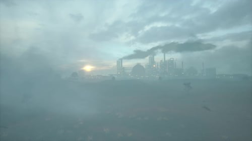 Industrial Plant Emitting Smoke Against a Hazy Sunset Sky