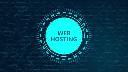 Futuristisches HD-Webhosting-Konzept mit rotierenden HUD-Elementen und Schaltungsdesign