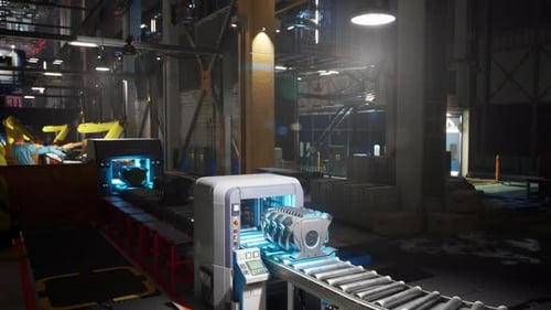 Sistema avançado de correia transportadora transportando componentes em um ambiente de fábrica movimentado