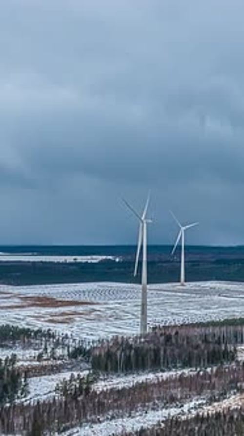 Winter Wind Farm Aerial View on Overcast Day