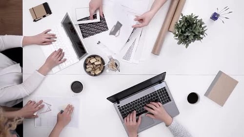 Creative business team collaborating on a project in a modern office workspace