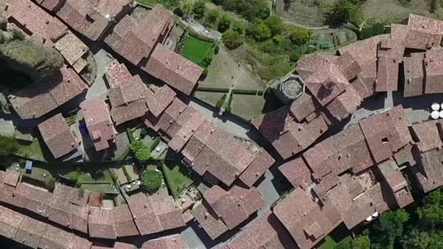 Aerial Panning: Houses In Town On Sunny Day - Rupit, Spain