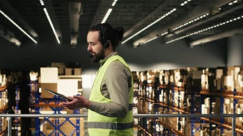 Warehouse Employee Using Tablet Talking on Headset