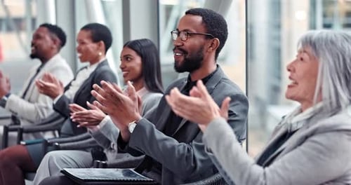 Happy business people, applause and celebration in workshop for presentation