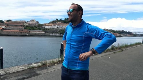 Young Male Jogger Resting and Start Jogging in City, Super