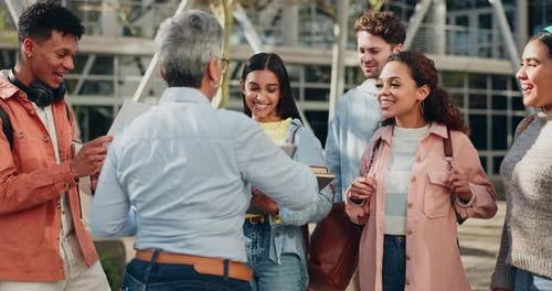 Professor, exam and students excited for results on university campus and happy for test success