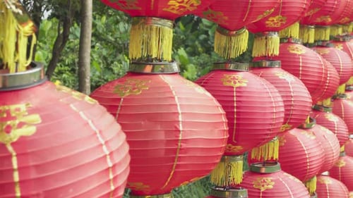 Amazing red outdoor wall. View of traditional Chinese lanterns