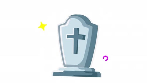 Animierte symbolische Grabsteinkunst mit lebendigen Details und einem Kreuz
