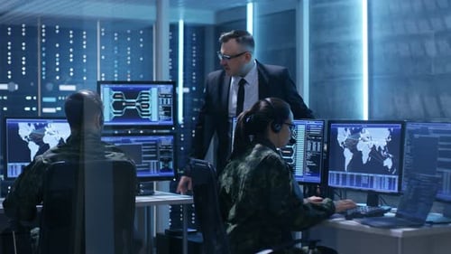 Government Surveillance Agency and Military Joint Operation. Male Agent, Female and Male Military O